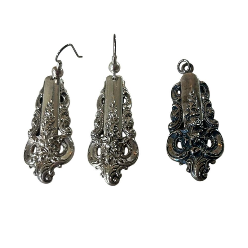 Wallace, Grande Baroque Sterling Silverware Pendant and Earrings  from 1941,